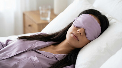 Serene woman in purple silk sleep mask and pajamas peacefully sleeping in a comfortable white bed.