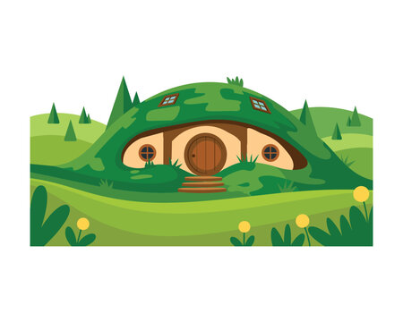 cartoon hobbit house with green roof and hills
