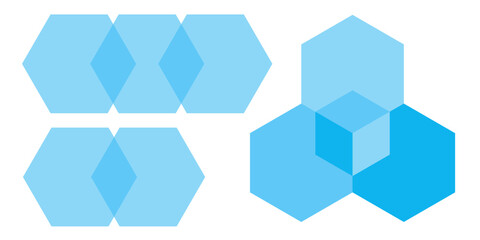 Hexagon venn diagram cluster in various overlapping arrangements vector infographic for data intersection chart model geometric blue design business element balance info clean layout