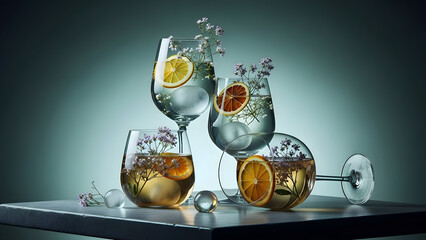 Elegant gin and tonic cocktails with citrus and floral garnishes