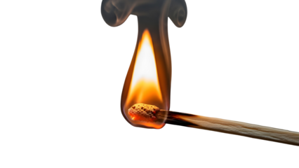 Single wooden matchstick burning brightly with orange yellow flame and rising smoke. isolated PNG with Transparent Background