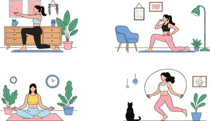 Fototapeta premium Set of flat vector illustrations featuring women practicing yoga stretching and jumping rope in modern home interiors.