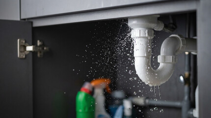 Close-up of water spraying and dripping from a broken white plastic pipe under a kitchen sink, domestic plumbing failure and emergency repair