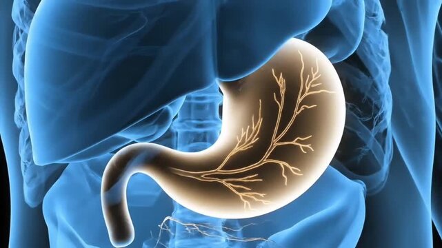 A detailed, digitally rendered illustration of a human stomach with its vascular network, set against a blue-tinted transparent green screen of the torso and internal organs.