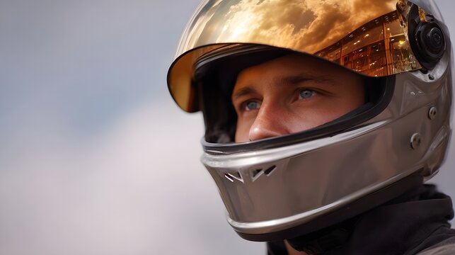 Close up portrait of a man wearing a silver motorcycle helmet with a golden reflective visor showing sky and urban reflections