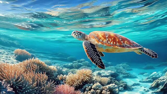 Graceful sea turtle swimming through vibrant coral reef underwater ocean scene marine life wildlife stock footage video clip