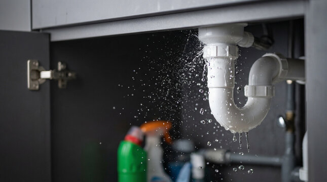Close-up of water spraying and dripping from a broken white plastic pipe under a kitchen sink, domestic plumbing failure and emergency repair