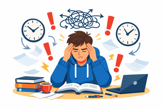 Young caucasian male student stressed with study and deadlines