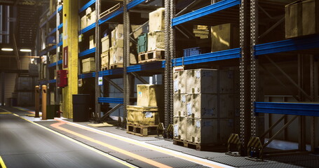 Fototapeta premium Industrial warehouse displays organized stacks of wooden crates and pallets along bright aisles. Forklifts are parked nearby, showcasing a busy storage space in operation.