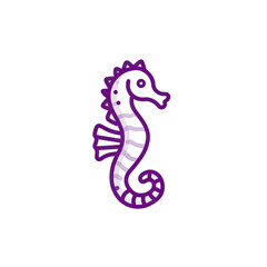 Fototapeta premium Stylized seahorse illustration in shades of purple and white, outlined with purple, set on black background