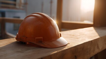 An orange hard hat rests on a wooden beam bathed in golden hour sunlight at a construction site