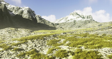 A vast valley covered with vibrant green grass stretches between rugged, rocky mountains. Snow caps the peaks under a clear, sunny sky, creating a serene and remote atmosphere.