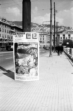 Genoa, Italy, - September 5, 1972: playbill of Orfei circus at Kennedy square on Alpini d'Italia street
