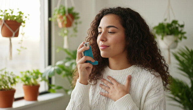 Young Hispanic woman with curly hair using a blue asthma inhaler at home with plants in the background, concept of respiratory health care