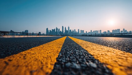 Close-up view of asphalt road with yellow lines, leading toward distant skyline
