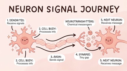 Obraz premium An illustrative educational diagram illustrating the neuron signal journey. A simple, cartoonish depiction of the structure and function of neurons, ideal for educational purposes. 
