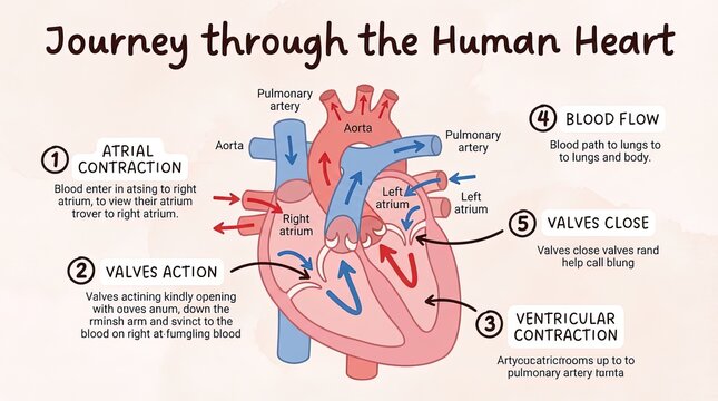 Anatomy of the Human Heart, a detailed infographic showing the blood flow and mechanics of the heart