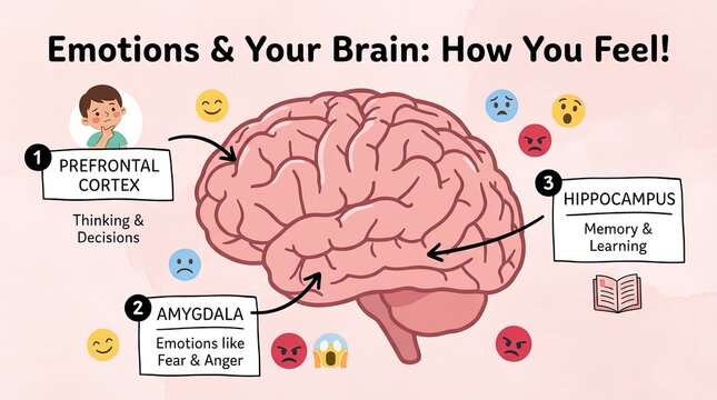 An educational illustration presents the relationship between emotions and the brain. Featuring a labeled brain diagram alongside associated emojis, charts.