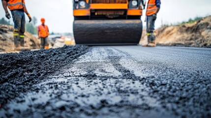 Workers in orange vests and hard hats stand on a construction site, with a steamroller in the background, as they lay down a fresh layer of asphalt