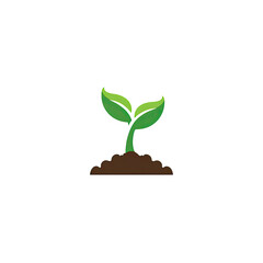 Cartoon illustration of a small plant with two green leaves emerging from brown soil