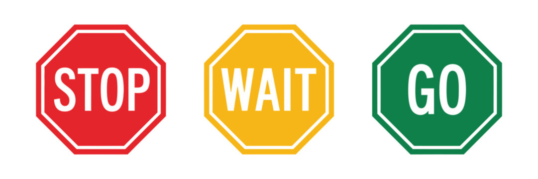 Stop wait go traffic sign icons showing red, yellow, and green signals, ideal for road safety, traffic management, educational materials, and flat vector design use.