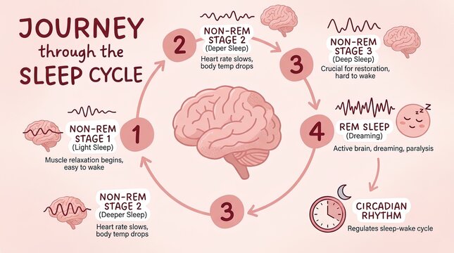 A visual depiction illustrating the cycle of sleep stages, including light sleep, deeper sleep, and REM sleep, emphasizing the importance of restorative rest for overall health. - Powered by Adobe