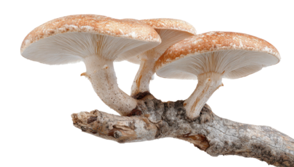 Close-up of three brown mushrooms sprouting from a piece of weathered wood