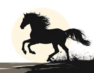 Dramatic black silhouette of a galloping stallion with a flowing mane against a soft yellow moonlit sky at dusk, energetic motion
