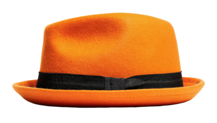 Close-up of an orange fedora hat with a black ribbon band, isolated on a transparent background