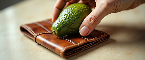Hand holding avocado placed on brown leather wallet  