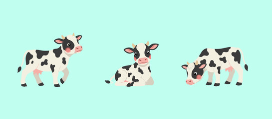 Cute Dairy Cow Collection in Different Poses Including Walking Sitting and Grazing, Adorable Farm Animal Character Set Vector Illustration