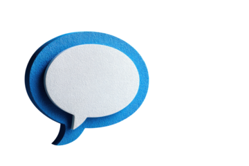 Close-up studio shot of blue and white layered paper speech bubble isolated on black background