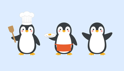 Fototapeta premium Three cute penguin chefs cooking and serving fried eggs, restaurant and culinary concept characters isolated on light blue background