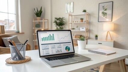 A modern laptop displaying a digital marketing dashboard with charts and analytics on a clean desk in a bright office with plants and natural light.