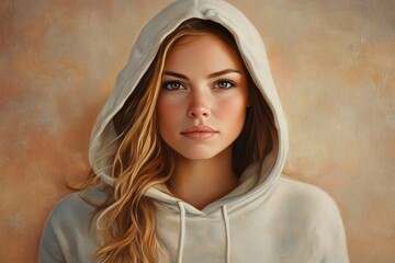 blissful caucasian woman in her 30s sporting a comfortable hoodie over pastel brown background