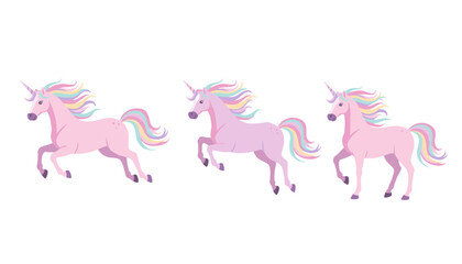 Set of three magical pink unicorns jumping and running with colorful rainbow mane and tail isolated on a white background for girls © 张锋