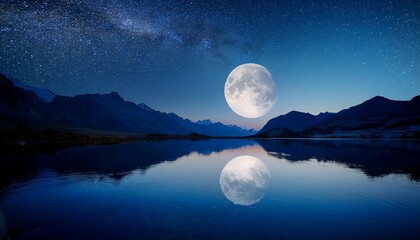 Full Moon Reflected Clearly In Still Lake Under Star Filled Night Sky Surrounded By Dark Mountains And Shoreline Stars Scattered Above Horizon Line With Fading Twilight Glow Generative By Ai