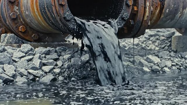Rusty industrial pipe pouring thick black toxic liquid onto stones. Environmental pollution concept with oil sludge discharging into murky water. Dirty sewage waste flowing from a corroded drain