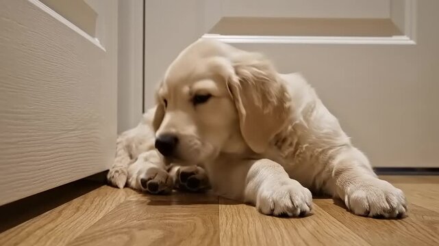 Sad Dog puppy lying down looking down and feeling lonely