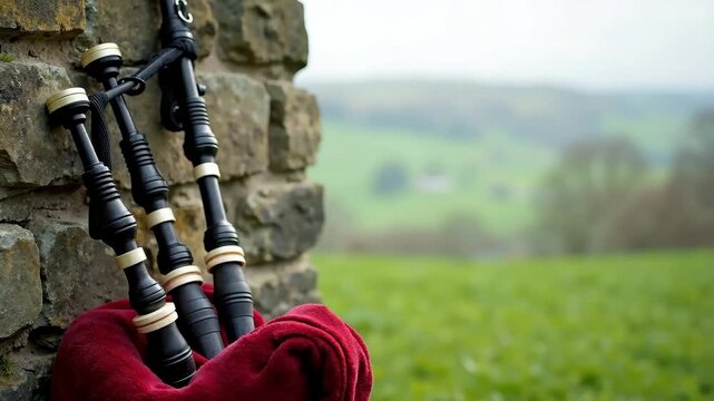 Traditional bagpipes resting against a rustic stone wall. Close-up of Scottish musical instrument with red cloth in the green countryside. Cultural heritage concept with copy space
