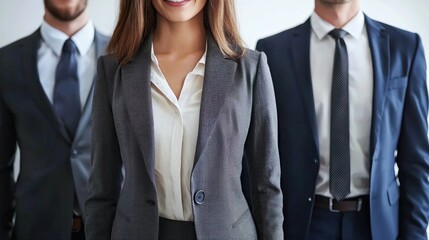 Three business professionals standing in a row, dressed in formal attire.