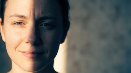 A close-up portrait of a woman with soft lighting, showcasing her calm expression, half of her face illuminated and the other in shadow.