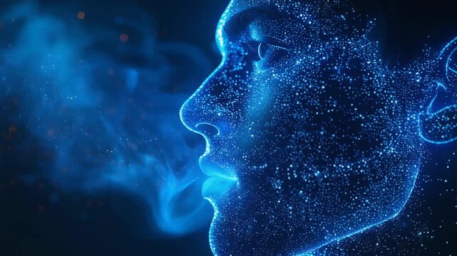 デジタル粒子で表現された男性の横顔が情報と意識のつながりを象徴