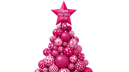 Festive pink bauble Christmas tree illustration with Happy New Year 2026 message isolated PNG with Transparent Background