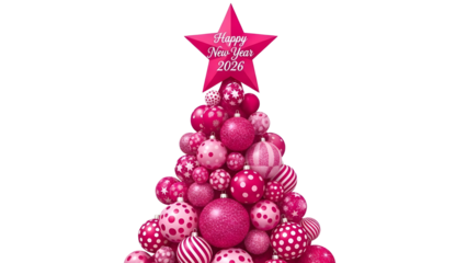 Festive pink bauble Christmas tree illustration with Happy New Year 2026 message isolated PNG with Transparent Background
