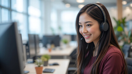 Smiling young Asian female call center agent wearing headset in bright modern office, ideal for customer support and telemarketing services.