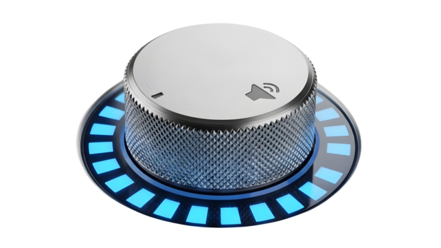 Futuristic silver volume control knob with glowing blue light for technology and audio interface isolated PNG with Transparent Background - Powered by Adobe