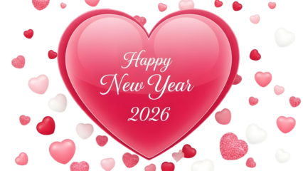 Shiny pink heart background with floating love hearts for Happy New Year 2026 greeting card design isolated PNG with Transparent Background