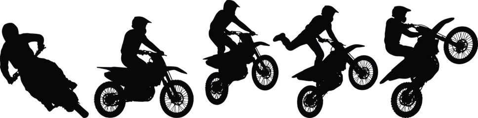 PrintBlack silhouettes of motocross riders performing stunts, jumping, wheelie, racing, and dirt bike freestyle tricks isolated on white background, sport. © Creatives World