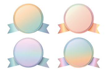 Four gradient-filled round emblems with ribbons, isolated on black background